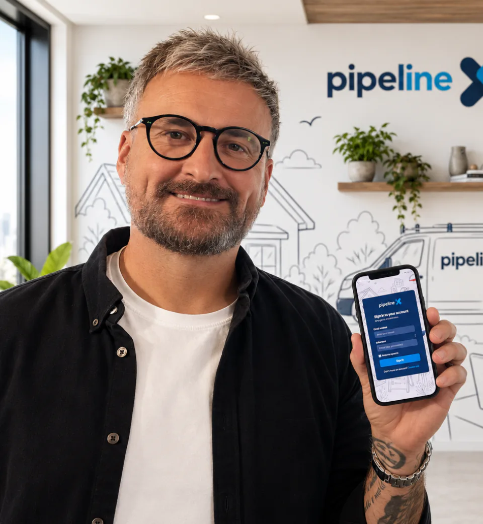 Chris Boyle, founder of Nimble IO, holding a phone running the Pipeline app