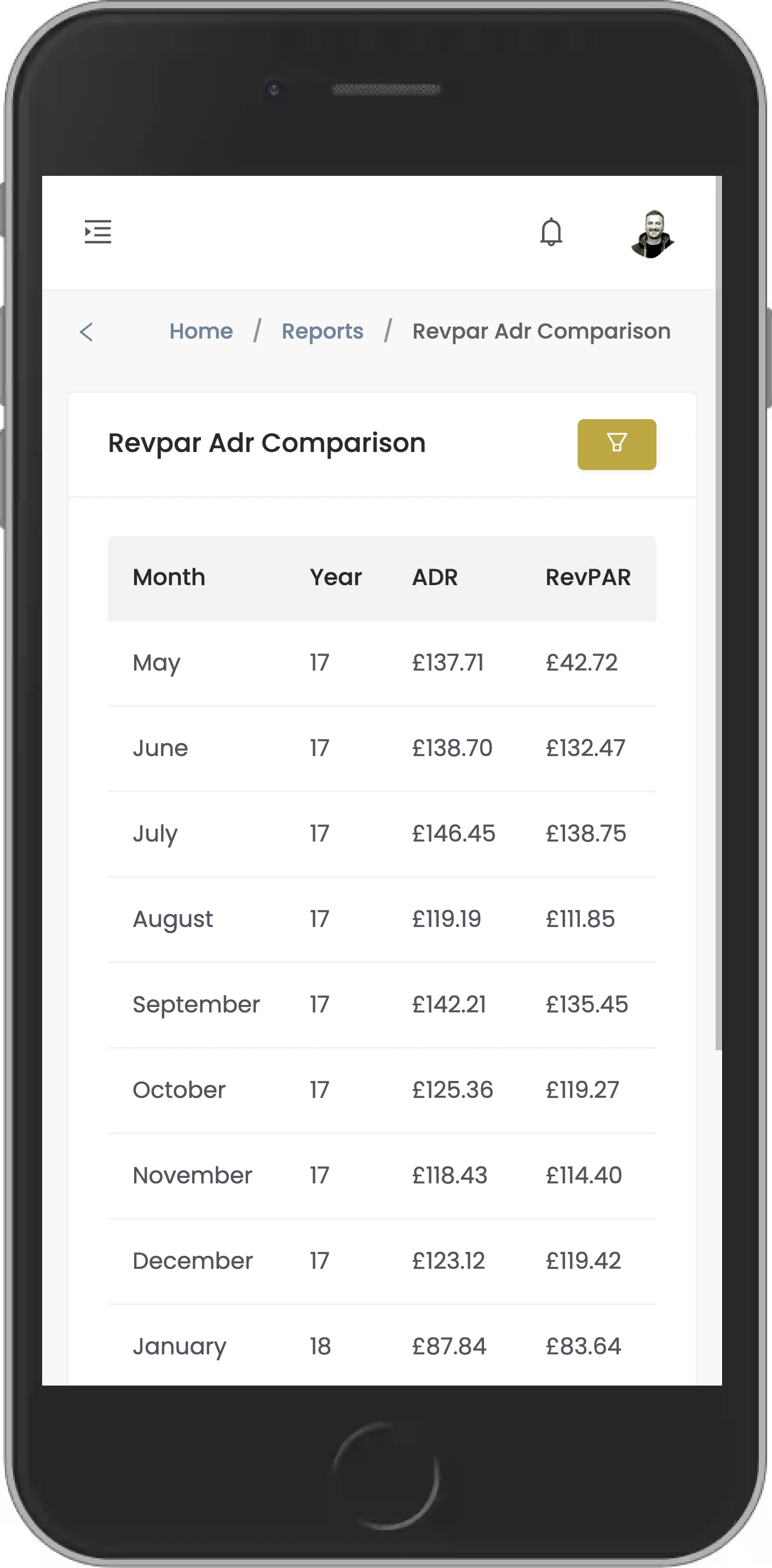Automated reporting view from the Merit Hotels revenue management platform