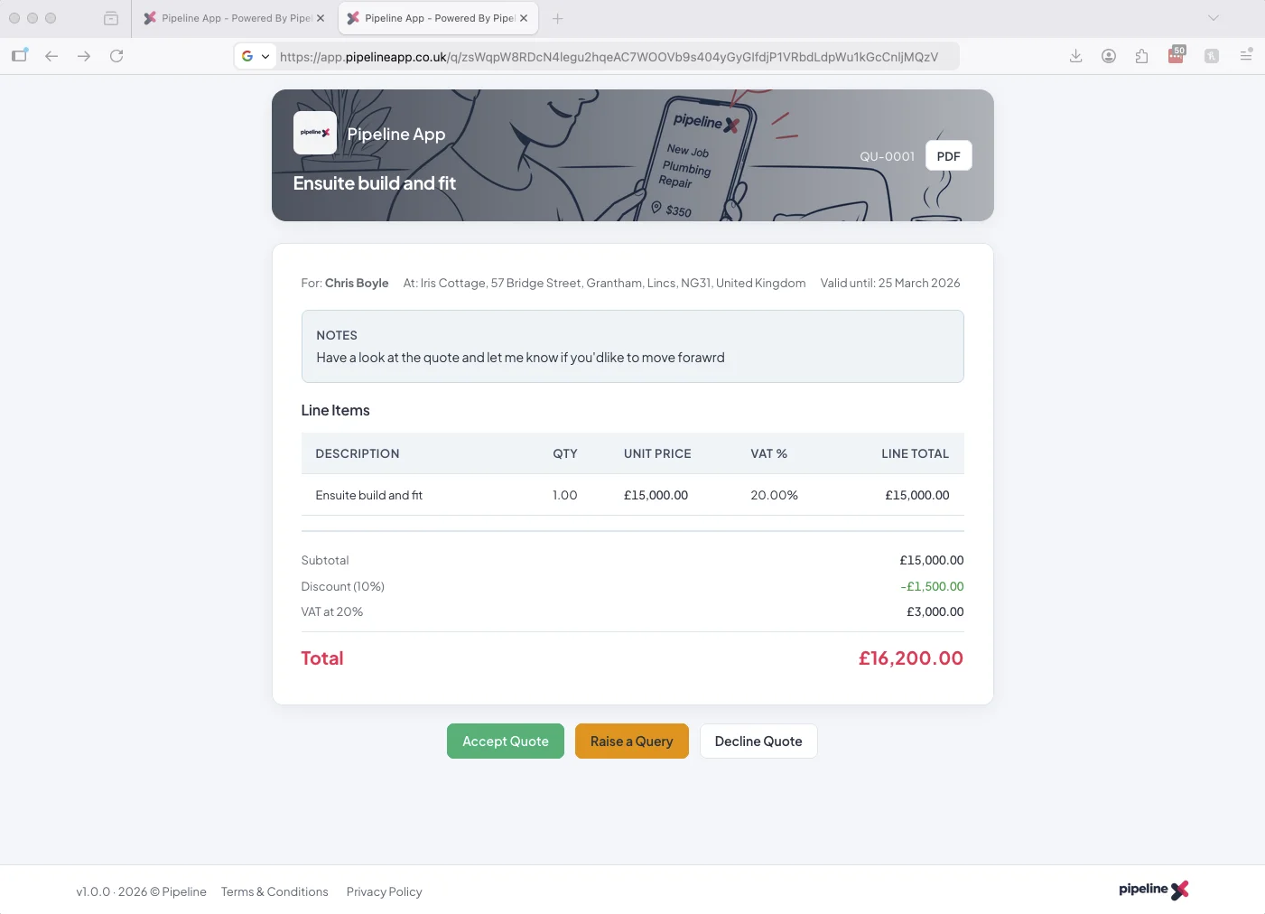 A Pipeline online quote