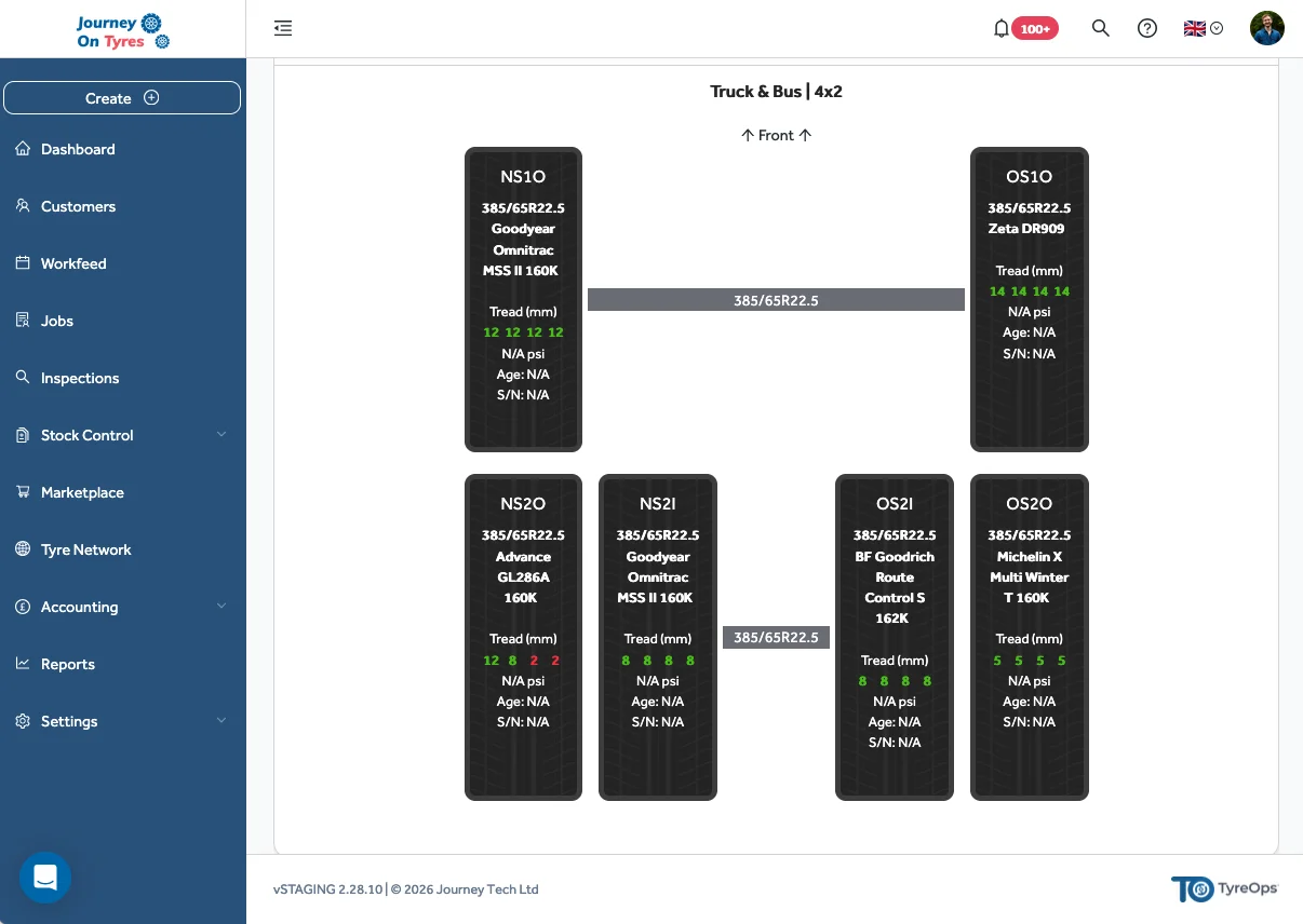 TyreOps mobile app interface used by field technicians on-site