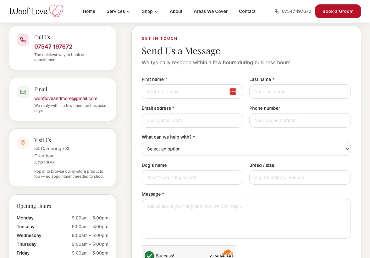 Woof Love & More - homepage and services overview